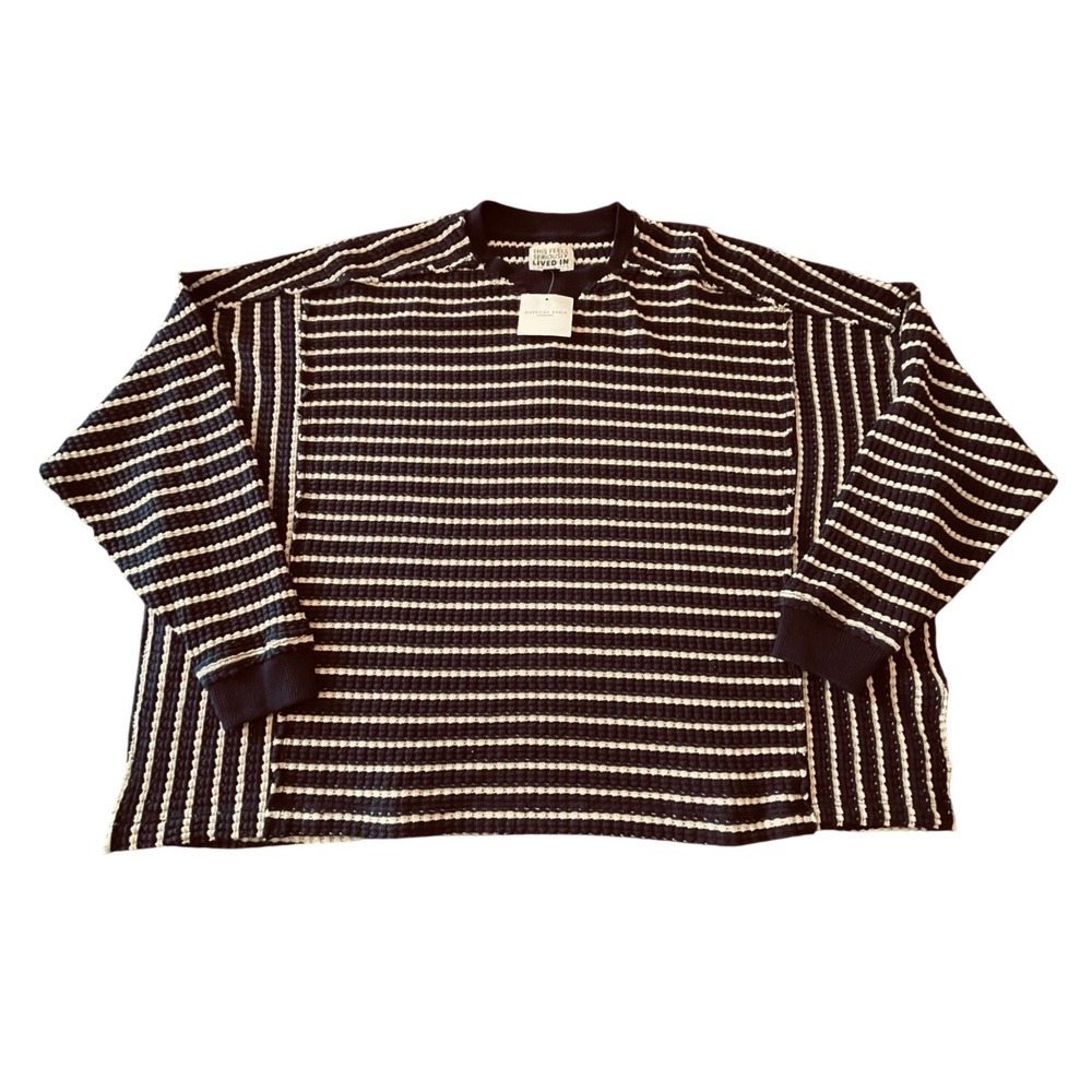 American Eagle Navy White Striped Oversized Waffle Knit Sweater Small NWT